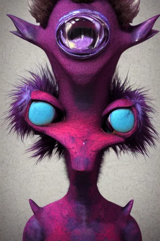 Prompt: 3 d model of a weird sinister vibrant colored alien with long fur and souless eyes by alexander jansson : 1 | centered, psychedelic, colorful, matte background : 0. 9 | by jim henson : 0. 7 | dave melvin : 0. 4 | unreal engine, deviantart, artstation, octane, finalrender, concept art, hd, 8 k resolution : 0. 8