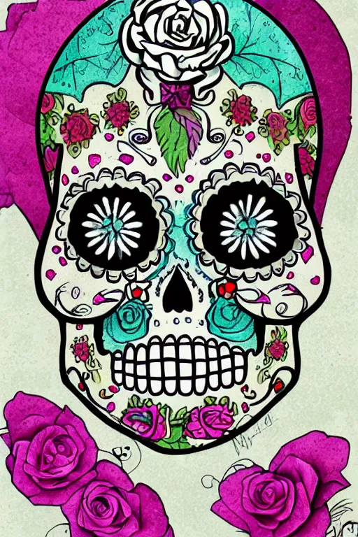 Prompt: illustration of a sugar skull day of the dead girl, art by malevitsch