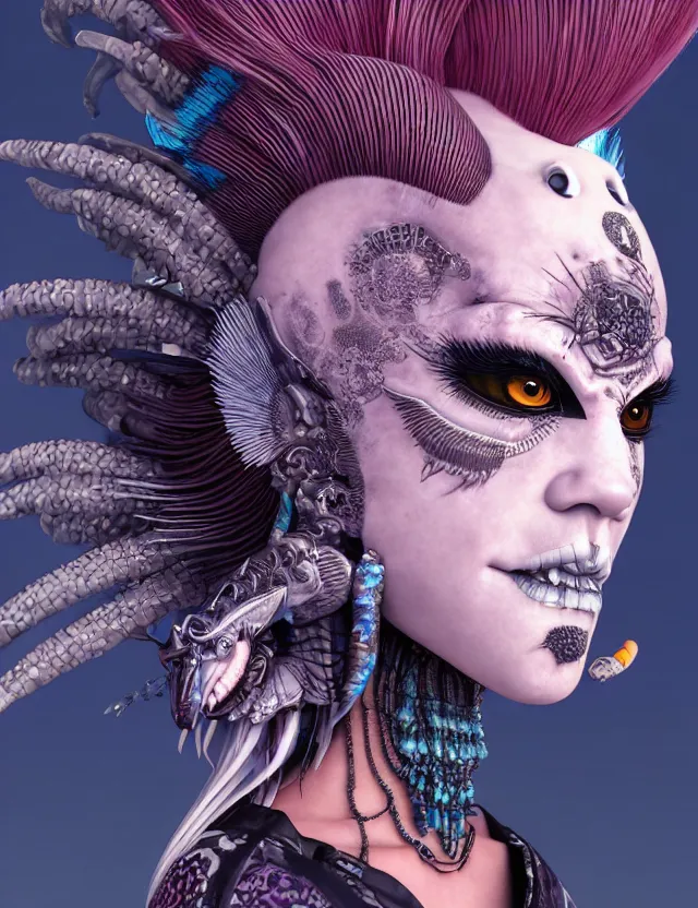 Image similar to 3 d goddess close - up profile portrait punk with mohawk with ram skull. beautiful intricately detailed japanese crow kitsune mask and clasical japanese kimono. betta fish, jellyfish phoenix, bio luminescent, plasma, ice, water, wind, creature, artwork by tooth wu and wlop and beeple and greg rutkowski