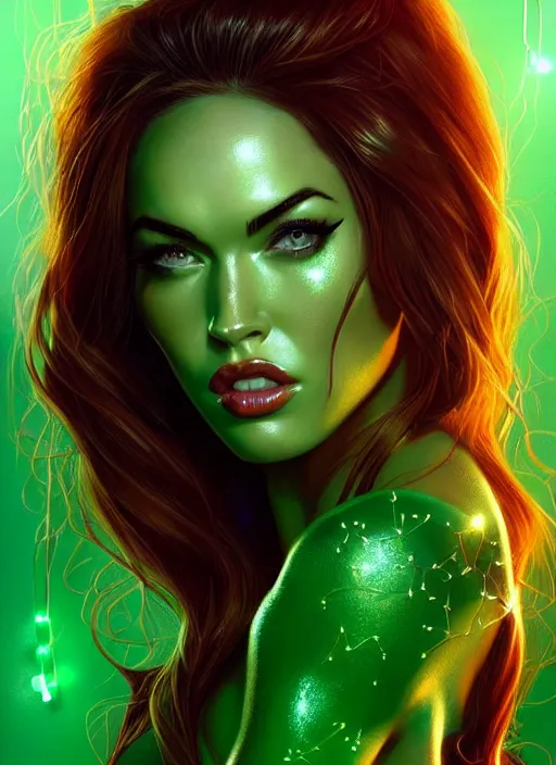 Image similar to portrait of megan fox as poison ivy, intricate, elegant, glowing lights, highly detailed, digital painting, artstation, glamor pose, concept art, smooth, sharp focus, illustration, art by artgerm and greg rutkowski, artey freytag