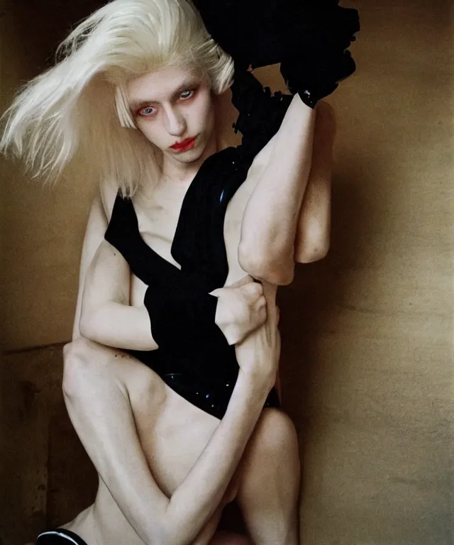 Image similar to a color photograph of a non binary model, platinum blonde, by nan goldin, intense, bold, hyperrealistic, ultra sharp, extra details, ultra high quality, trending on pinteresst