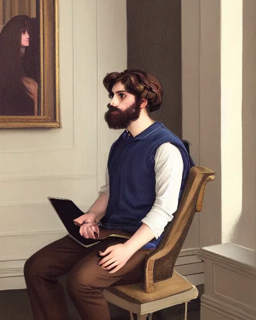 Prompt: Pre-Raphaelite portrait of a young beautiful brown-haired bearded male sitting in office wearing oculus quest