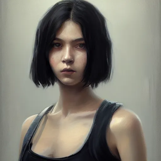 Prompt: portrait of a girl by greg rutkowski, she is about 2 0 years old, mixture between russian and japanese, prettt, black bob hair with two strands around her face, wearing a tank top, highly detailed portrait, digital painting, artstation, concept art, smooth, sharp foccus ilustration, artstation hq