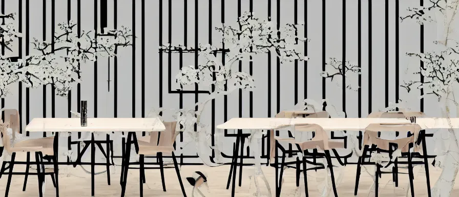 Prompt: a beautiful simple interior 4 k hd wallpaper illustration of small roasted string hotpot restaurant restaurant yan'an, animation illustrative style, from china, restaurant wallpaper is tower and mountains, rectangle white porcelain table, black chair, fine simple delicate structure, simple style structure decoration design, victo ngai, james jean, 4 k hd