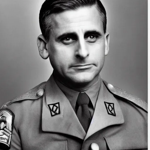 Prompt: steve carell as ww2 general, black and white photo, document