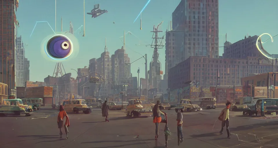 Image similar to A 1950s city scene with a GIANT LASER EYEBALL looming in the distance, rendered by simon stålenhag, rendered by Beeple, Makoto Shinkai, syd meade, environment concept, digital art, unreal engine, 3 point perspective, WLOP, trending on artstation, low level, 4K UHD image, octane render,