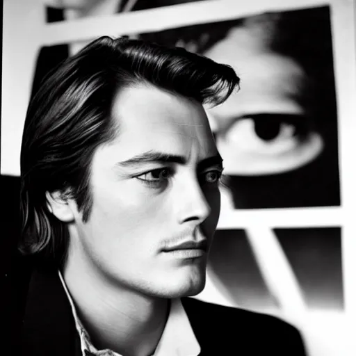 Image similar to stunning symmetrical portrait of alain delon in front of a ( ( ( tall moog synthesizer ) ) ), high contrast grainy blank and white photography print ilford warm tone, huge modular synthesizer