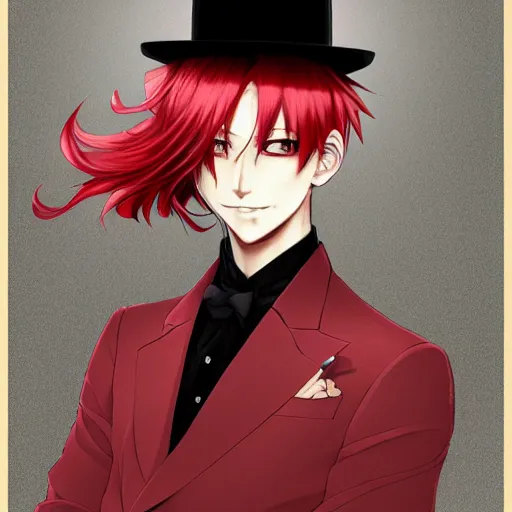 Prompt: semi realistic anime illustration of top hat wearing red haired effeminate man, with cigarette in mouth, with beautiful hyperdetailed eyes, facing camera directly, full face portrait made by Stanley Artgerm, WLOP, Rossdraws, James Jean Andrei Riabovitchev, Marc Simonetti, Yoshitaka Amano, Artstation