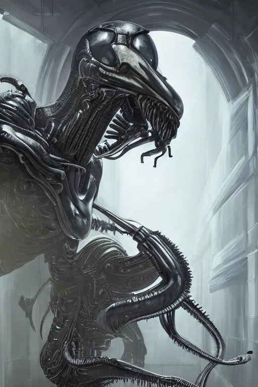 Image similar to ultra realist and ultra intricate detailed soft painting of a metal xenomorph fighting a Predator in a futuristic hallway, sensual gloomy style, volumetric clouds, artstation, unreal render, depth of field