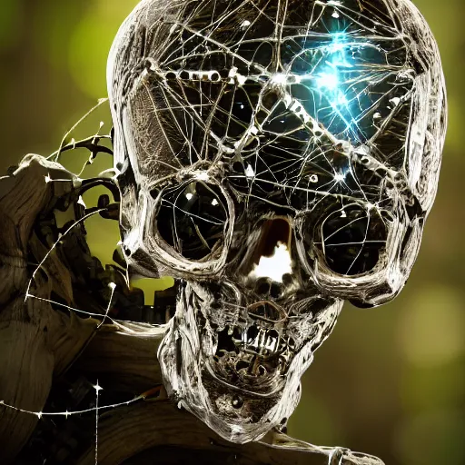 Image similar to very detailed portrait 55mm photo of a mechanical crystal head without skin, optic fiber nerves, gears in his head and cybernetic enhancements with no plating. with cybernetics. Has cameras for eyes. In the forest with bokeh. Ray tracing and tessellation. Very sharp high detailed 8k image