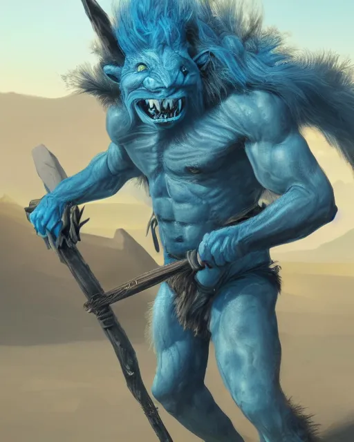 Prompt: A troll with blue skin and a spear posing in a a desert, realistic face, full body, fantasy art, in the style of greg rutkowski, illustration, epic, fantasy, intricate, hyper detailed, artstation, concept art, smooth, sharp focus, ray tracing, vibrant