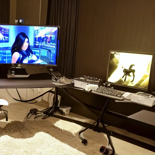 Image similar to still of kim kardashian as a twitch streamer, gaming room,