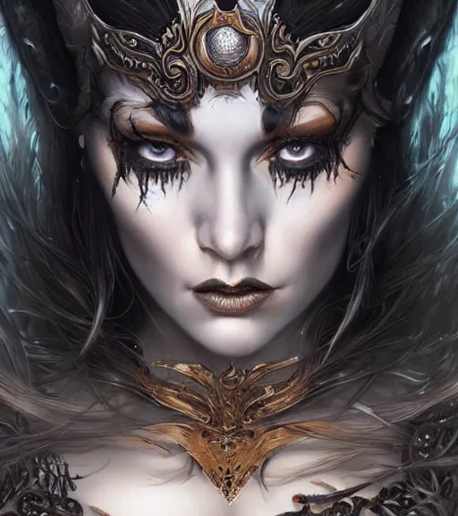 Prompt: a higly detailed full body shot and face portrait painting of a grim female sorceress with piercing eyes beautiful eyes, dynamic lighting, ambient lighting, deviantart, art by artgerm and karol bak and mark brooks