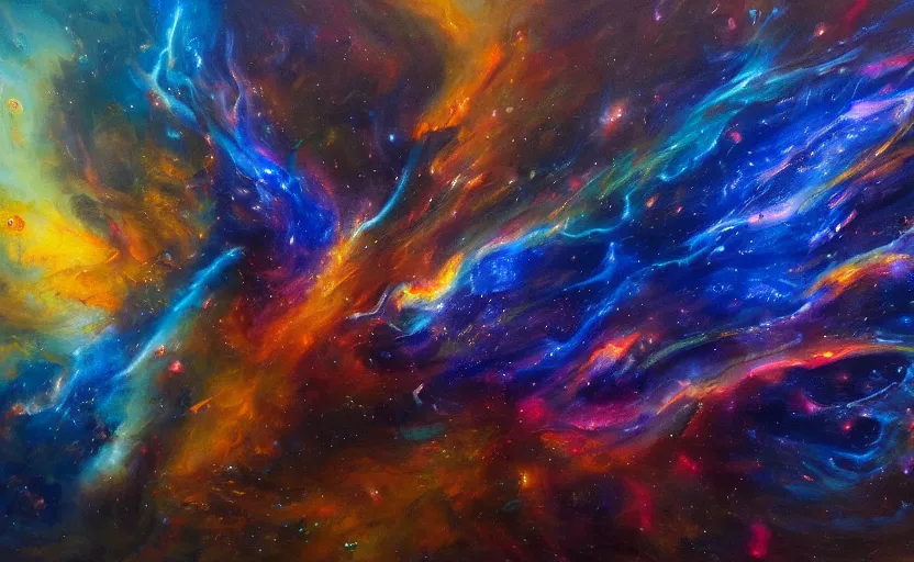 Image similar to an abstract oil painting of an unbelievably beautiful space nebula; swirling sheets of light and fire; hyper-detailed; an extraordinary masterpiece!!!; flawless; trending on artstation