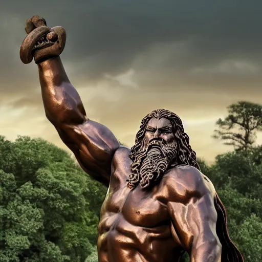 Image similar to a grand bronze statue of a burly muscular viking, wielding a large halberd threateningly in one outstretched hand, flowing hair and long robes, regal and menacing visage, built in a verdant field surrounded by ancient ruins, at dusk with purple twilight sky, enhanced 4 k stylized digital art