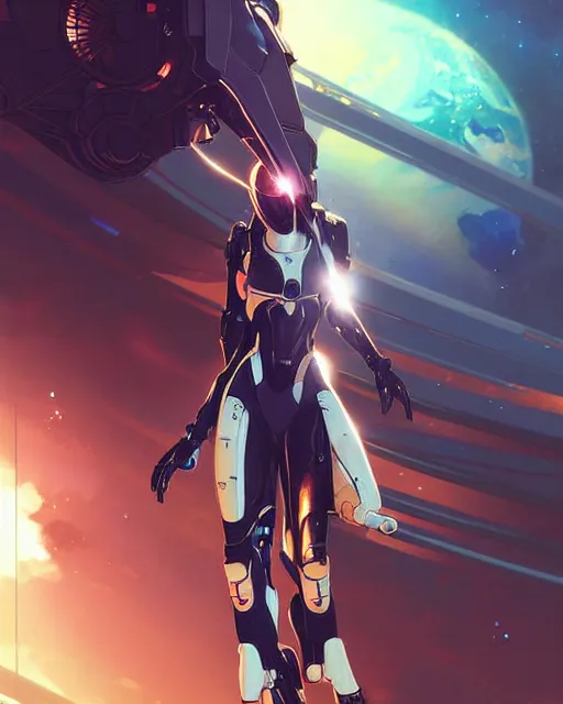 Image similar to spacehip, warframe ship, fine detail!! anime!! realistic shaded lighting!! poster by ilya kuvshinov katsuhiro otomo, magali villeneuve, artgerm, jeremy lipkin and michael garmash and rob rey