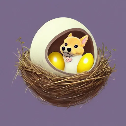 Image similar to concept art of a baby corgi emerging from an egg that looks like a tennis ball in a nest, realistic, detailed, cel shaded, in the style of makoto shinkai and greg rutkowski and james gurney