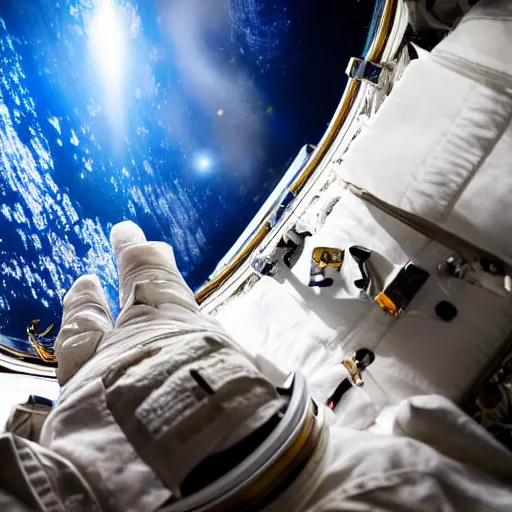 Image similar to photograph of an astronaut in space, singular light source from below, earth only visible below, darkness above, full body photo, amazing light and shadow contrast, 8 k