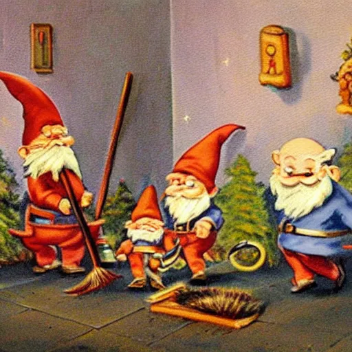 Image similar to vintage painting of gnomes invading a house at night, father defending family with a broom,