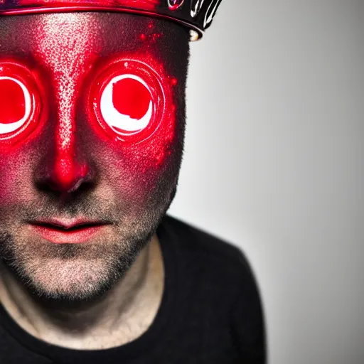 Prompt: man with a crown, smirk, photograph, black backgrounds, glowing red eyes, dark, horror