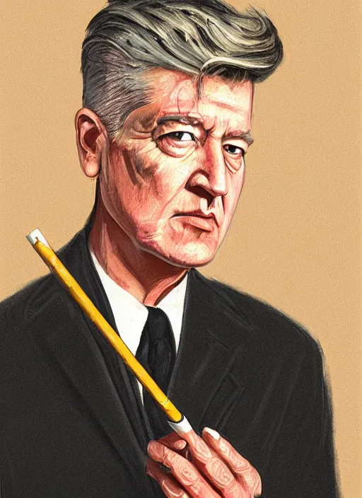 Image similar to portrait of David Lynch smoking a cigarette in Twin Peaks (1990), highly detailed, centered, solid color background, digital painting, artstation, concept art, smooth, sharp focus, vintage grainy 1970s illustration, Basil Gogos, donato giancola, Joseph Christian Leyendecker, Les Edwards, Ed Repka, Wayne Barlowe,