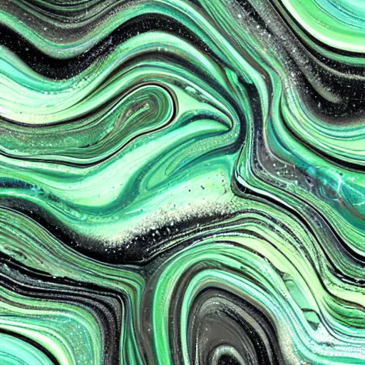 Image similar to beautiful liquid marble texture with oil bubbles and twirls. harmonic black and green tones coloured galaxy abstraction. ultradetailed realistic art