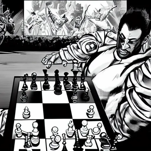 Prompt: king ( from tekken ) playing chess, comicbook style