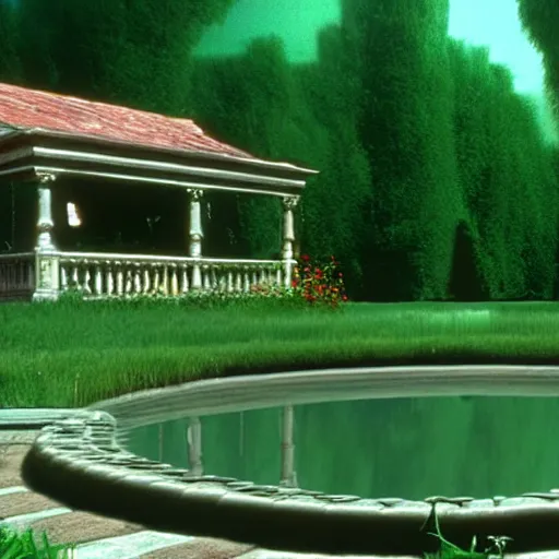 Image similar to hyperrealism photography computer simulation visualisation of parallel unreal universe detailed old bath in the detailed ukrainian village garden in dramatic scene from movie the big lebowski ( 1 9 9 8 )