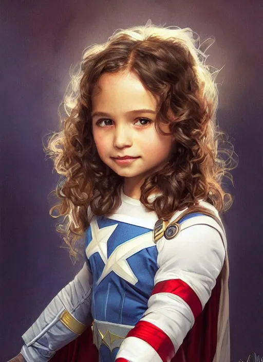 Image similar to a little girl with a mischievous face and light brown curly wavy hair. she is dressed as captain america, batman, the flash, captain marvel, wonder woman, a superhero. clean elegant painting, beautiful detailed face. by artgerm and greg rutkowski and alphonse mucha