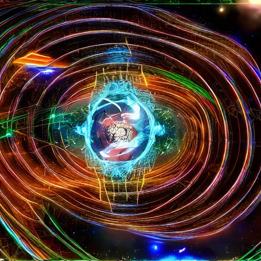 Image similar to the machine universe encounters a living cosmos inside an asymmetric orthogonal non - euclidean upside down inside out world with an infinite cosmic spiral waterfall of living information, mixed media, unreal engine, fractalpunk