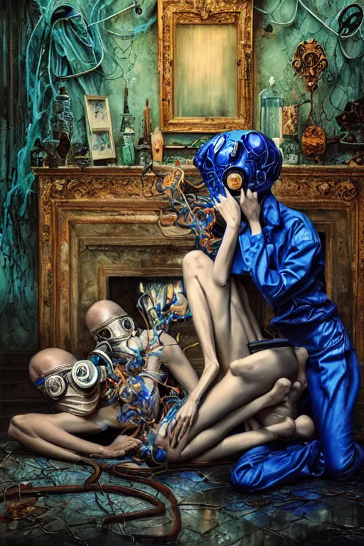 Prompt: two exhausted, skinny, fleshy figures, wearing ornate gas masks and silky green and blue scrubs, sit next to a fireplace with swirling blue flames inside a deserted hospital, ayami kojima, karol bak, greg hildebrandt, hauntingly surreal, highly detailed painting part by james jean, jenny saville, soft light 4 k