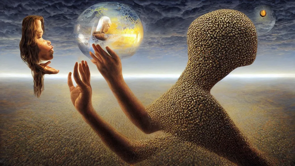 Image similar to birth of a psion surrealist art in the styles of igor morski, jim warren, and rob gonsalves, intricate, hyperrealistic, volumetric lighting