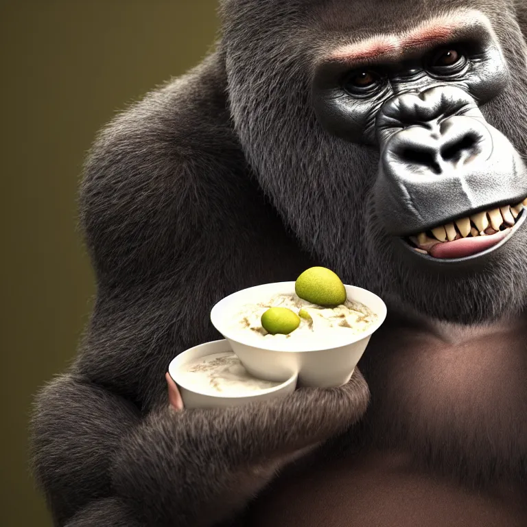 Prompt: a cinematic shot of gorilla wearing yogurt, wearing yogurt, wearing yogurt, octane render, volumetric lighting, nvidia raytracing demo, by Andy Thomas, Mario Martinez, Daniel Mirante, Gustave Dore, Artstation, CGsociety, masterpiece