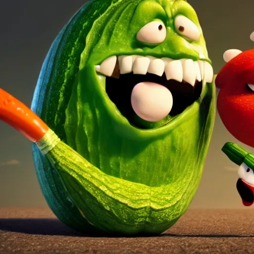 Prompt: detailed 3 d render of an angry zucchini character chasing a tomato figure with a knife in hand, hyper realistic octane render, dramatic scene, nightmare, surrealism, pixar, disney, cartoon