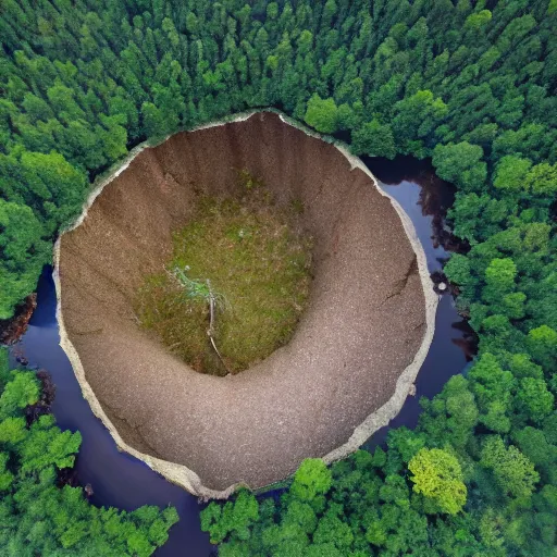 Image similar to a large sinkhole in the middle of a forest, aerial view, creepy