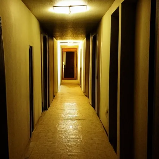 Prompt: very long hallway in a house, very creepy, dim lights, door at the end