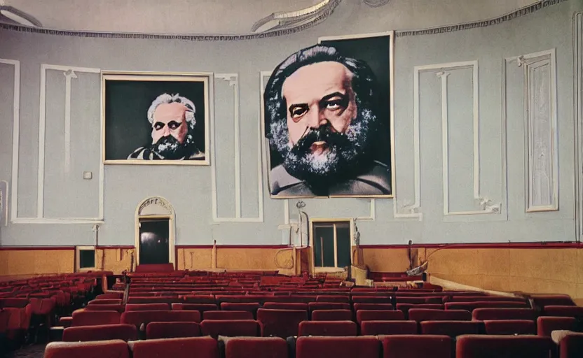 Prompt: 60s movie still of a stalinist style sovietic parlement with a giant portrait of Karl Marx, by Irving Penn , cinestill 800t 35mm eastmancolor, heavy grainy picture, very detailed, high quality, 4k, HD criterion, precise texture, panoramic, cinematic