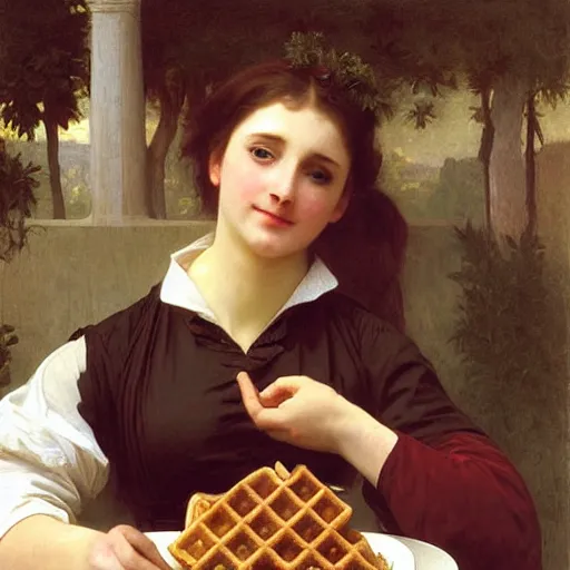 Image similar to american eating waffles with coffee, by bouguereau