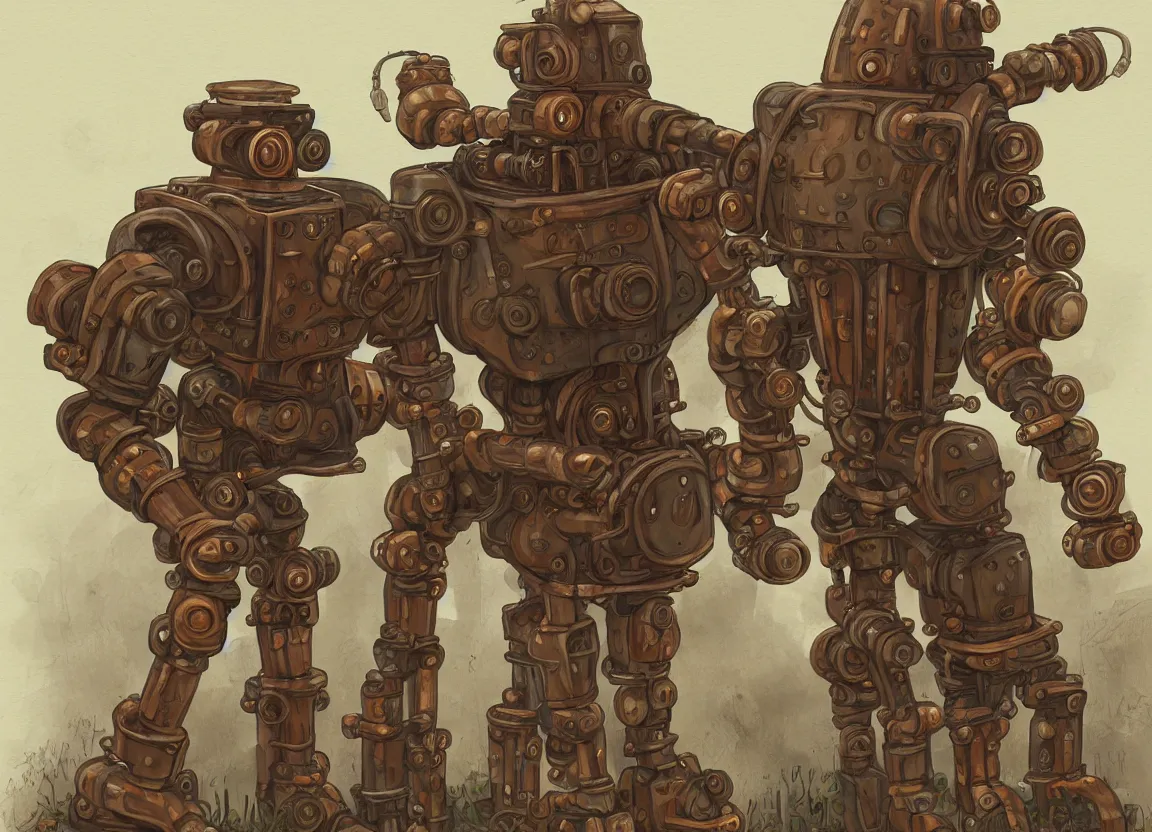 Image similar to ( ( rock golem with ( copper pipes ) ) in steampunk style ) as a robot like in ( iron harvest ), digital painting )