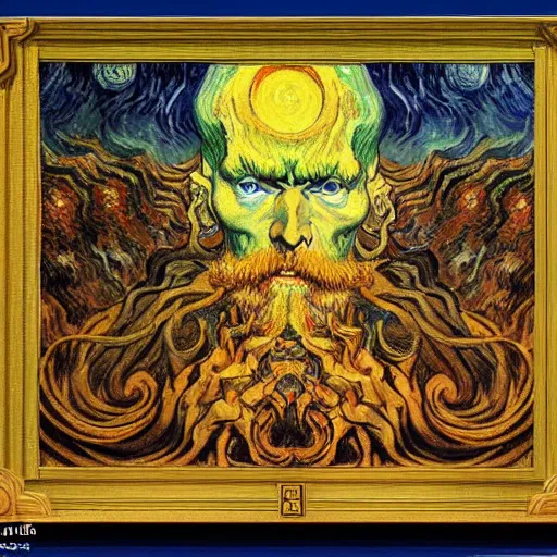 Prompt: Divine Chaos Engine by Vincent Van Gogh, Karol Bak, Jean Delville, William Blake, and Vincent Van Gogh