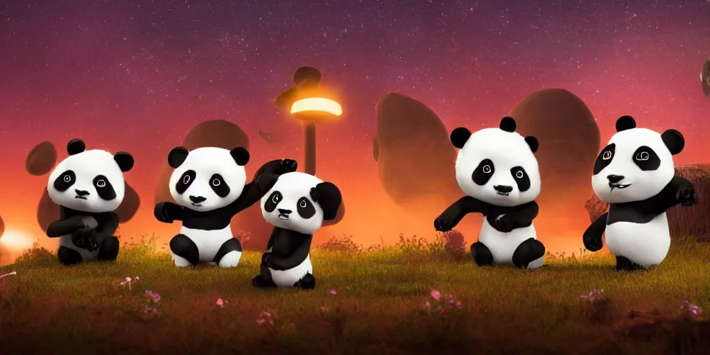 Prompt: cute cartoon panda monsters standing by a rocket ship at night, still from a Wes Anderson film, cinematic, trending on artstation, highly detailed, scene from a movie, soft lighting, 8k