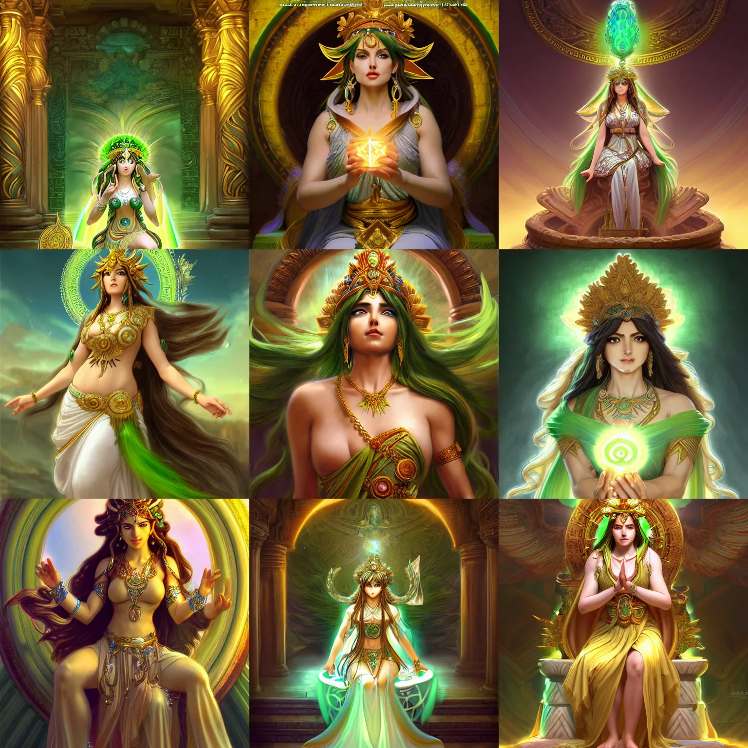 Prompt: lady palutena, goddess of light, green flowing hair, confident expression, sitting on a throne in an ancient temple, d & d, fantasy, intricate, elegant, highly detailed, digital painting, artstation, concept art, matte, sharp focus, illustration, hearthstone, art by artgerm and greg rutkowski and alphonse mucha