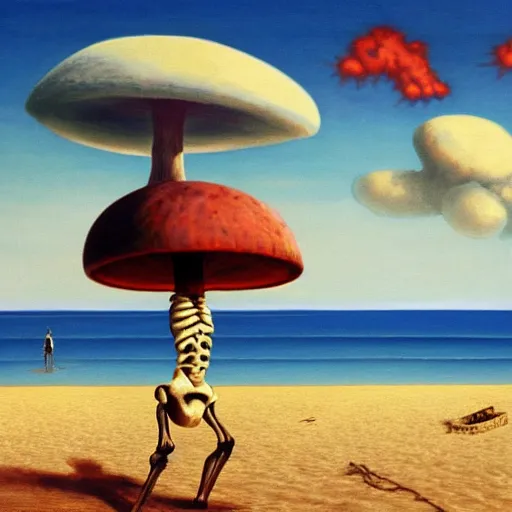 Image similar to a skeleton walking on a beach next to the ocean with nuclear bomb explosion in the background, a naturalism painting by Storm Thorgerson, featured on cg society, matte painting, realistic, chillwave, anatomically correct, light colors, photo-realistic huge mushroom-cloud, skull, hands