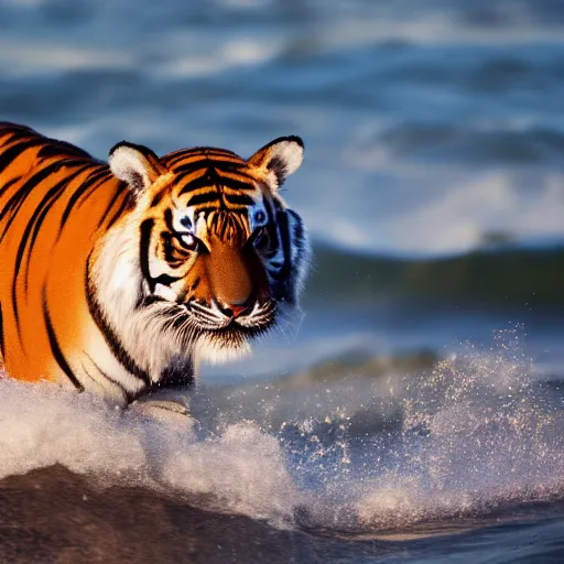 Image similar to a closeup photorealistic photograph of a cute tiger kangaroo hybrid splashing in the surf during sunset. professional capture, well lit shot. this 4 k hd image is trending on artstation, featured on behance, well - rendered, extra crisp, features intricate detail, epic composition and the style of unreal engine.