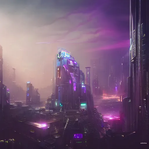 Prompt: a futuristic cyberpunk city at night, purple ray traced light by WLOP and tony sart, god rays, fantasy art, 4k, HDR, photorealistic, 8k, trending on artstation