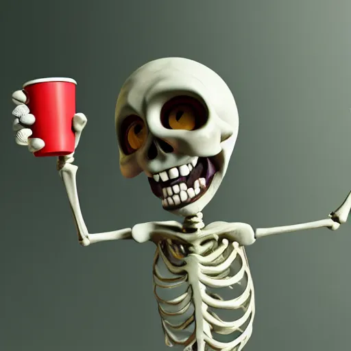 Image similar to portrait of a funny skeleton character holding a cup of coffee. pixar style animation 3 d extremely gloomy lighting, shining light and shadow, atmospheric, cinematic, unreal engine, 8 k