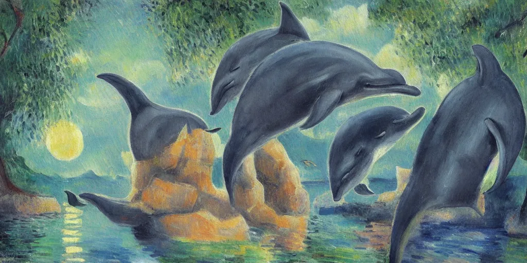 Image similar to dolphin and cat in a cave, expressive oil painting by christopher radlund and camille pissaro