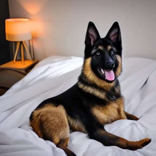 Prompt: in my bedroom my gsd puppy gets the zoomies and jumps around on the bed. the bed has a color comforter that's unmade. high energy, frenetic craziness, running, jumping, and chasing. cg animation, 3 d octane render, imax 7 0 mm, rtx,