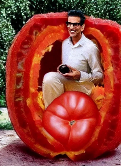 Image similar to jeff goldblum hiding in a giant tomato, inspired by davis jim