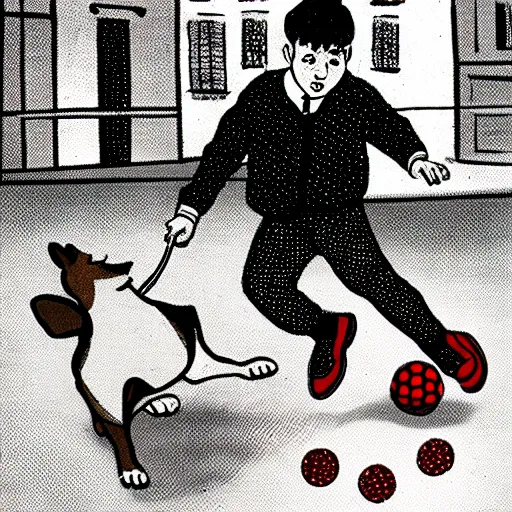 Image similar to illustration of french boy on the streets of paris playing football against a corgi, the dog is wearing a polka dot scarf, comic, 1 9 6 2